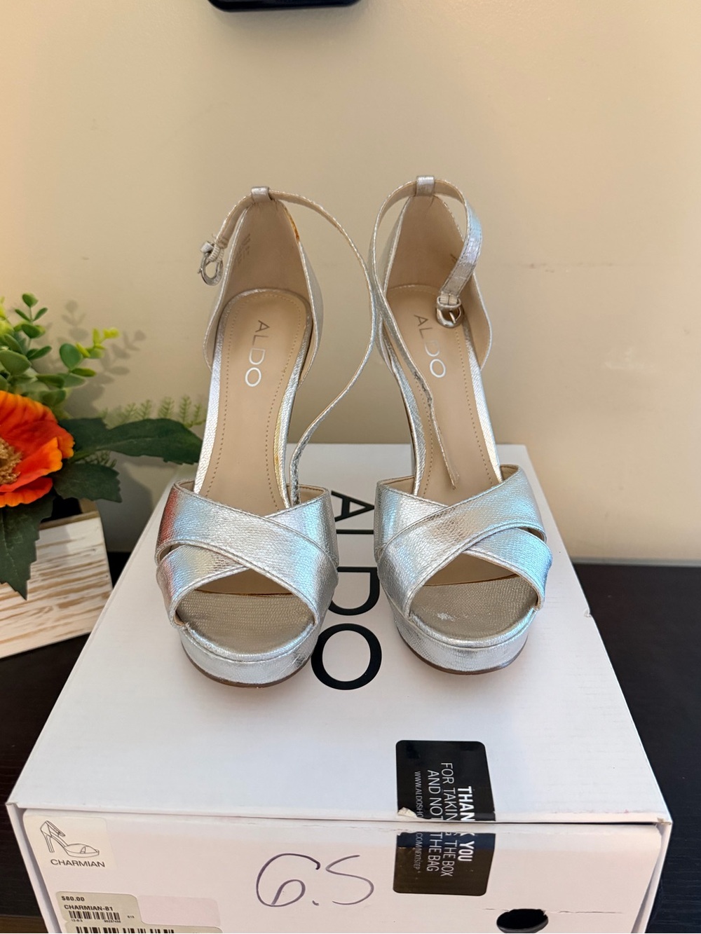 ALDO Silver Metallic Crisscross Ankle-Strap Platform Heels